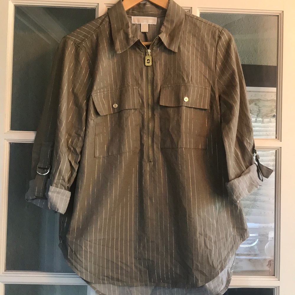 Michael Kors khaki olive green & gold safari Top